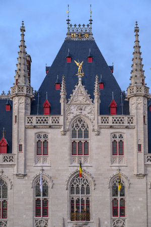 Night view of Historic Provincial Court (Provinciaal Hof) building, former Provincial Government of West Flanders, on the Markt main square in Bruges, Belgium on 17 July 2025の写真素材