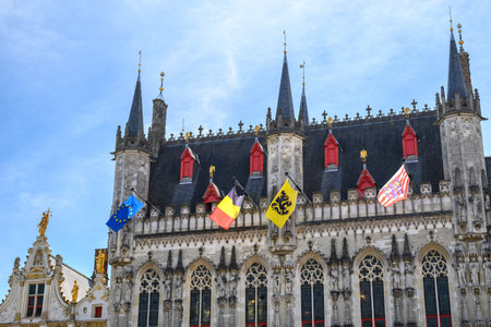Historic Bruges City Hall building on Burg Square in Bruges, West Flanders, Belgium on 17 July 2025の写真素材