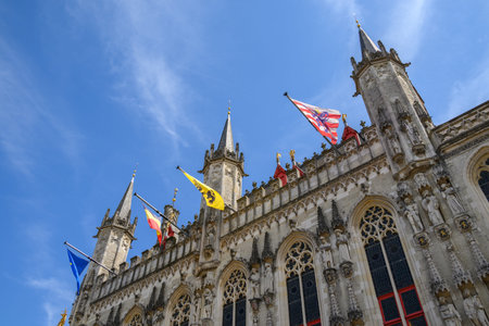 Historic Bruges City Hall building on Burg Square in Bruges, West Flanders, Belgium on 17 July 2025の写真素材