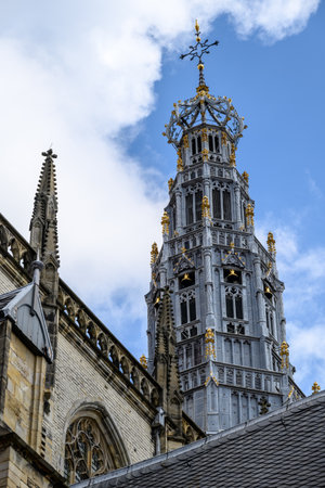 Bell tower of the Church of Saint Bavo Grote Kerk, Reformed Protestant church located on the central market square Grote Markt in the city of Haarlem, Netherlands on 22 July 2025の写真素材