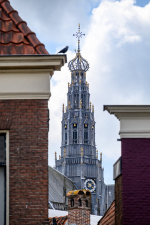 Bell tower of the Church of Saint Bavo Grote Kerk, Reformed Protestant church located on the central market square Grote Markt in the city of Haarlem, Netherlands on 22 July 2025の写真素材