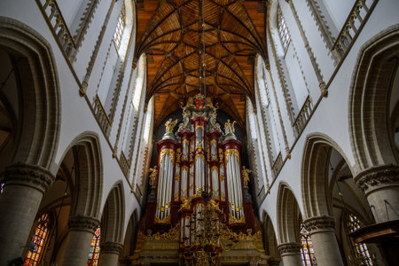 Muller organ in the Church of Saint Bavo Grote Kerk, Reformed Protestant church located on the central market square Grote Markt in the city of Haarlem, Netherlands on 22 July 2025の写真素材