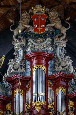 Muller organ in the Church of Saint Bavo Grote Kerk, Reformed Protestant church located on the central market square Grote Markt in the city of Haarlem, Netherlands on 22 July 2025の写真素材