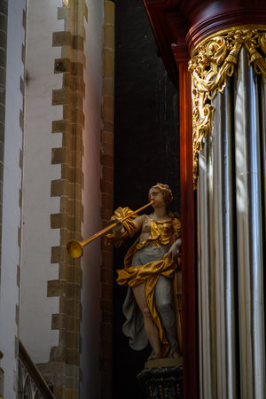 Details on the Muller organ in the Church of Saint Bavo Grote Kerk, Reformed Protestant church located on the central market square Grote Markt in the city of Haarlem, Netherlands on 22 July 2025の写真素材