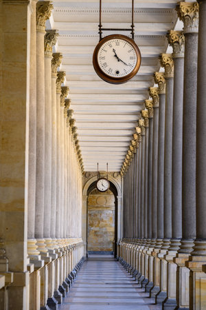 Stone Mill Colonnade in Karlovy Vary, Carlsbad, old historic spa town with thermal springs in west Bohemia region of the Czech Republic on 3 March 2024の写真素材