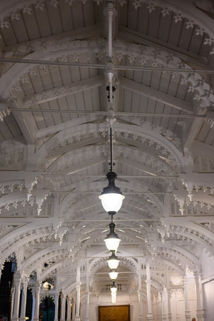The richly carved wooden Market Colonnade in Karlovy Vary, Carlsbad, old historic spa town with thermal springs in west Bohemia region of the Czech Republic on 3 March 2024の写真素材