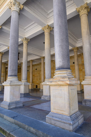 Stone Mill Colonnade in Karlovy Vary, Carlsbad, old historic spa town with thermal springs in west Bohemia region of the Czech Republic on 3 March 2024の写真素材