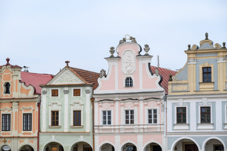 Colorful facades on the houses on the historic old town of Telc, Unesco World Heritage Site in Telc,...