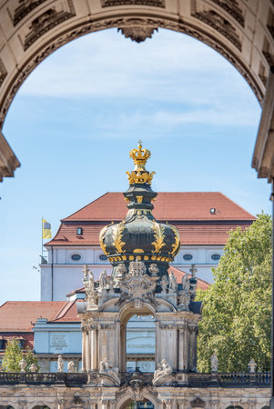 The Crown gate of Zwinger palace complex with gardens, one of the most important buildings of the Baroque period in Dresden, Germany on 8 September 2024の写真素材