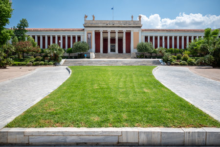 Front view of the National Archaeological Museum housing the richest collection of Greek Antiquity artifacts, in Athens, Greece on 14 August 2023の写真素材