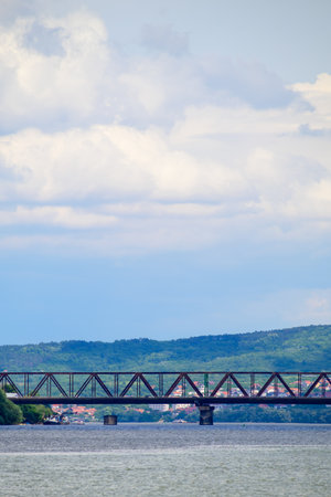 Pancevo bridge over Danube river connecting capital of Serbia Belgrade with city of Pancevoの写真素材