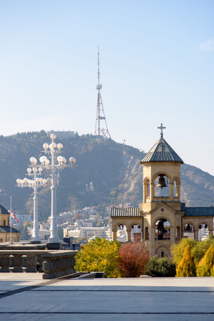 Belfry in front of the Holy Trinity Cathedral of Tbilisi (Sameba), main cathedral of the Georgian...