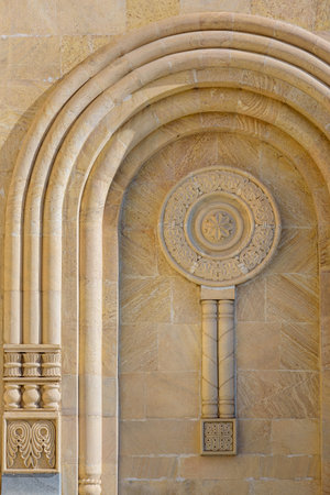 Religious relief on the Holy Trinity Cathedral of Tbilisi (Sameba), main cathedral of the Georgian...