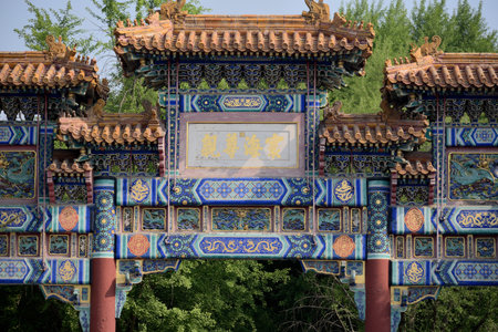 Entrance gate to the Yonghe Temple of Tibetan Buddhism in Dongcheng District in Beijing, China on 21 April 2024の写真素材