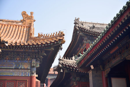 Ornate architecture of the Yonghe Temple of Tibetan Buddhism in Dongcheng District in Beijing, China...