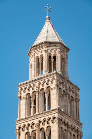 Bell tower of the Cathedral of Saint Domnius in the Historical Complex of the Palace of Diocletian, UNESCO world heritage site in Split, Republic of Croatiaの写真素材
