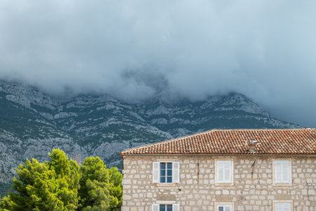 View of the Biokovo mountain range of the Dinaric Alps from Makarska riviera, Adriatic sea coast of Croatiaの写真素材