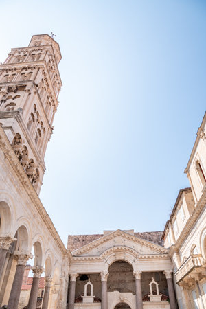 Peristyle square and Cathedral of Saint Domnius in the Historical Complex of the Palace of Diocletian, UNESCO world heritage site in Split, Republic of Croatiaの写真素材