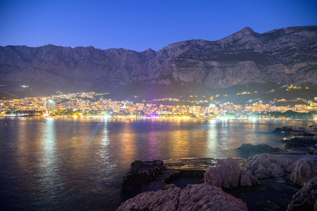 Evening view of Makarska town, popular tourist seaside summer resort on the Adriatic sea coastline of Croatia on 23 August 2024の写真素材