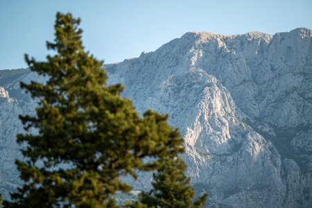 View of the Biokovo mountain range of the Dinaric Alps from Makarska riviera, Adriatic sea coast of Croatiaの写真素材