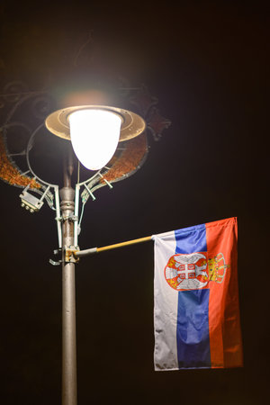 Flags of the Republic of Serbia in Belgrade fortress Kalemegdan park in Belgrade, capital of Serbiaの写真素材