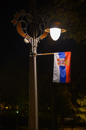 Flags of the Republic of Serbia in Belgrade fortress Kalemegdan park in Belgrade, capital of Serbiaの写真素材