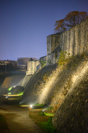 Remains of Historic Belgrade Fortress fortifications in Kalemegdan park at night in Belgrade, capital of Serbiaの写真素材
