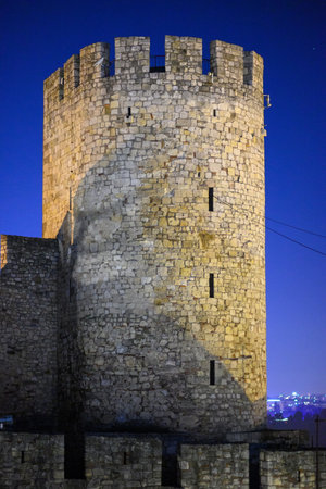 Remains of Historic Belgrade Fortress fortifications in Kalemegdan park at night in Belgrade, capital of Serbiaの写真素材