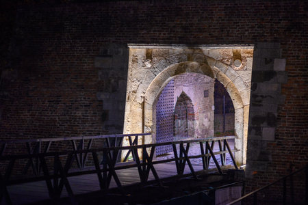 Remains of Historic Belgrade Fortress fortifications in Kalemegdan park at night in Belgrade, capital of Serbiaの写真素材