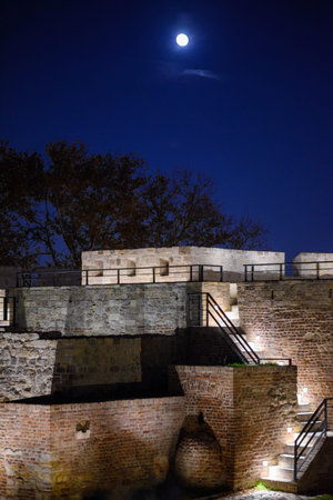 Remains of Historic Belgrade Fortress fortifications in Kalemegdan park at night in Belgrade, capital of Serbiaの写真素材