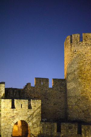 Remains of Historic Belgrade Fortress fortifications in Kalemegdan park at night in Belgrade, capital of Serbiaの写真素材