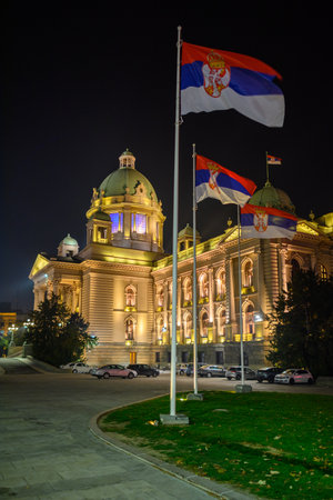 Night view of the National Assembly of the Republic of Serbia, Parliament of Serbia in capital Belgrade on 8 November 2024の写真素材