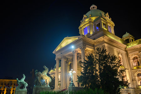 Night view of the National Assembly of the Republic of Serbia, Parliament of Serbia in capital Belgrade on 8 November 2024の写真素材