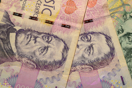 Czech koruna banknote, official currency of Czech National Bank (Ceska narodni banka, CNB), central bank of Czech Republic, in Prague, Czech Republicの写真素材