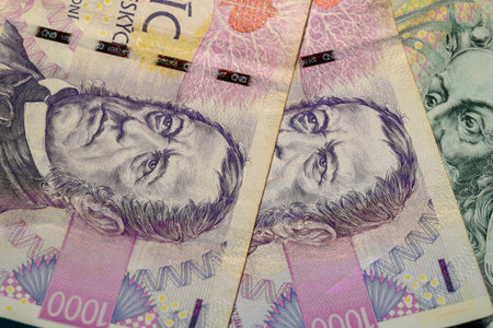 Czech koruna banknote, official currency of Czech National Bank (Ceska narodni banka, CNB), central bank of Czech Republic, in Prague, Czech Republicの写真素材