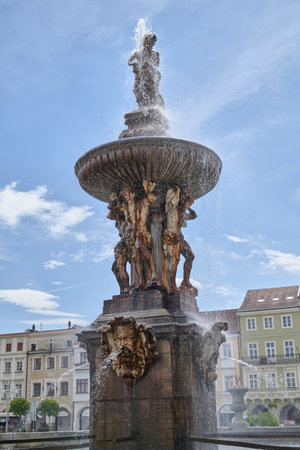 Samson fountain in the Premysl Otakar II Square in Ceske Budejovice, city in South Bohemia region of Czech Republic on 27 July 2024の写真素材