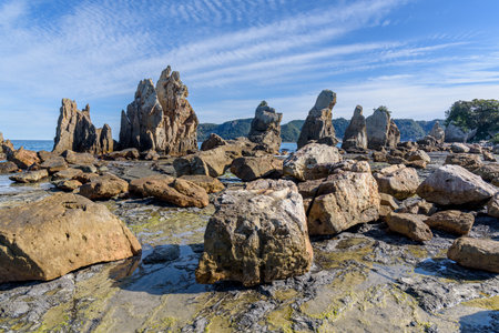 Hashigui Rocks amazing natural stone formations in Kushimoto Town in Kii Peninsula of Wakayama Prefecture in Japanの写真素材