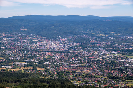 Aerial view of the city of Liberec in Czech republic from the peak of Jested mountain and famous tourist attraction of Jested towerの写真素材