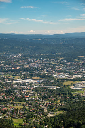 Aerial view of the city of Liberec in Czech republic from the peak of Jested mountain and famous tourist attraction of Jested towerの写真素材