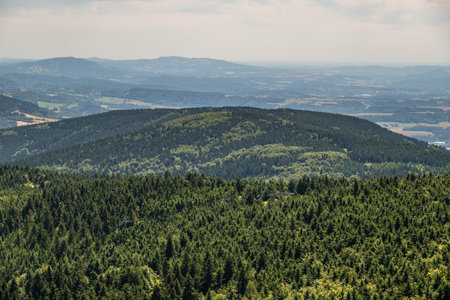 Scenic landscape of northern Czech republic, view from the peak of Jested mountain near the city of...