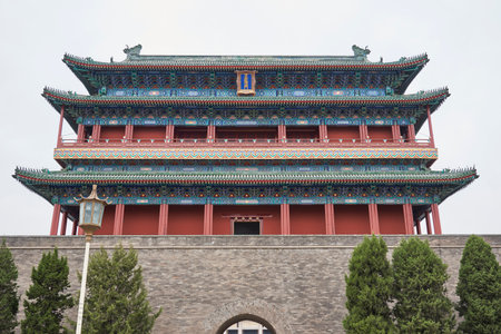 Archery tower of the historic Zhengyangmen gate in Qianmen street, located to the south of Tiananmen Square in Beijing, China on 19 April 2024の写真素材