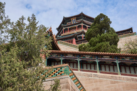 Tower of Buddhist Incense (Foxiangge) on the Longevity Hill of The Summer Palace, complex of gardens and palaces in Beijing, China on 20 April 2024の写真素材
