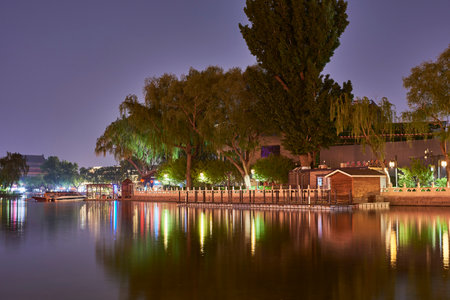 Night view of the Shichahai historic scenic area consisting of three lakes in central Beijing, China, on 21 April 2024の写真素材
