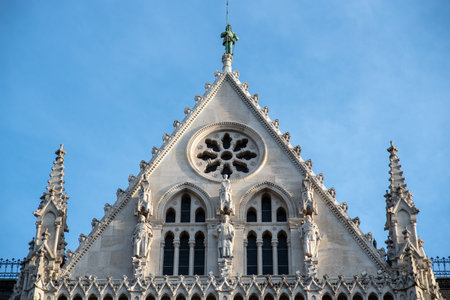 Facade of the Hungarian Parliament Building Orszaghaz, seat of the National Assembly in Budapest, Hungary on 8 May 2023の写真素材