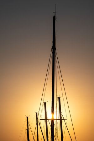 Silhouetted sailboat masts against a golden sunset sky.の写真素材