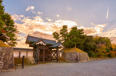 Kyoto, Japan - November 12, 2017: Sunset over Nijo castle Japanese Shogun residence in Kyoto old capital of Japanの写真素材
