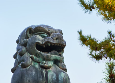 A close-up of a traditional Asian dragon statue with an open mouth, set against a clear sky and pine tree branchesの写真素材