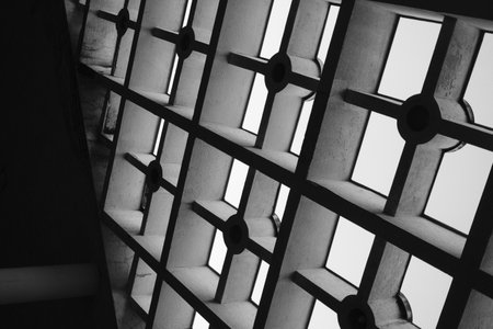 Abstract black and white geometric pattern with grid and circles.の写真素材