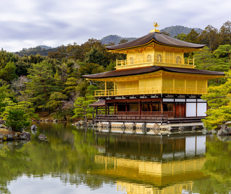 Kinkakuji temple Golden Pavillion, UNESCO world heritage site and Zen Buddhist temple in Kyoto, Japan on 17 February 2024の写真素材