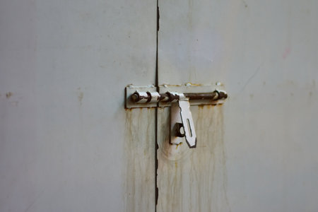 Close-up of a rusty metal latch on a white door.の写真素材